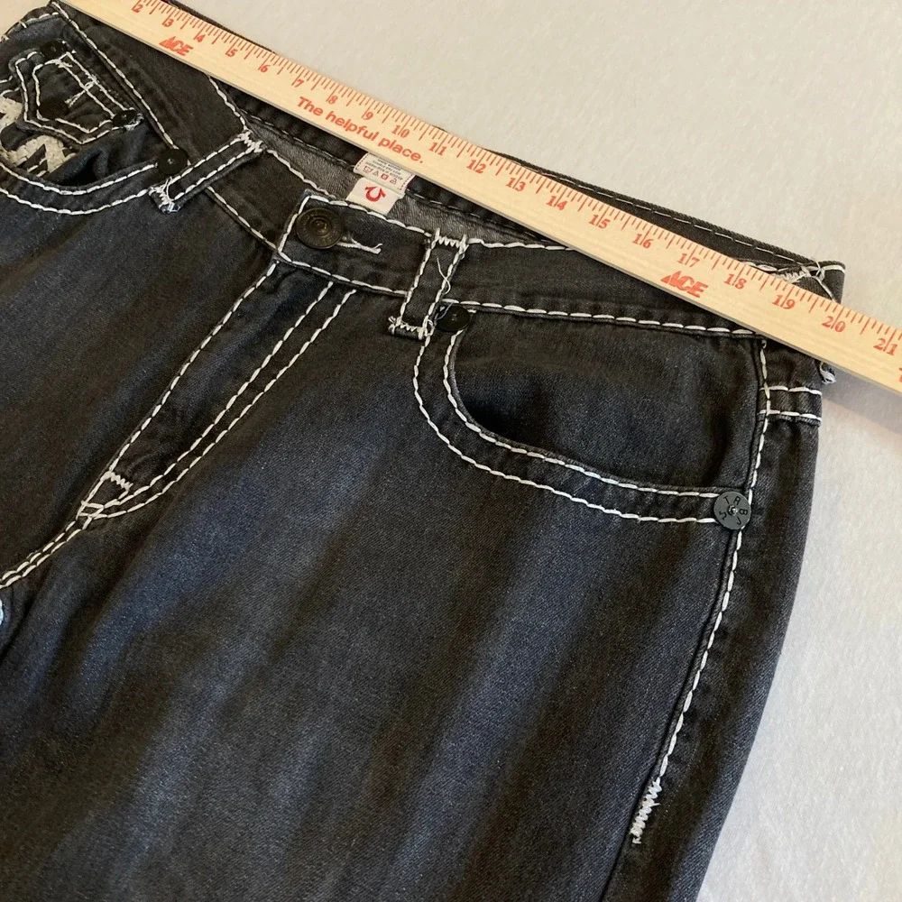 True Religion Jeans Men 40x26 Billy Super T Black Thick Stitch Raw Hem *BUTTONS*